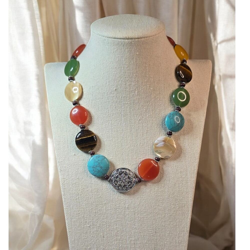 Earth Tone Beaded Necklace Large Disc Stones Toggle Clasp – Modern Chic